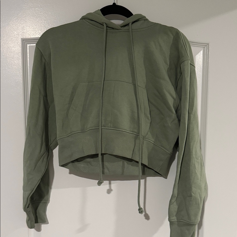 Zara Olive Green Cropped Hoodie with Drawstrings